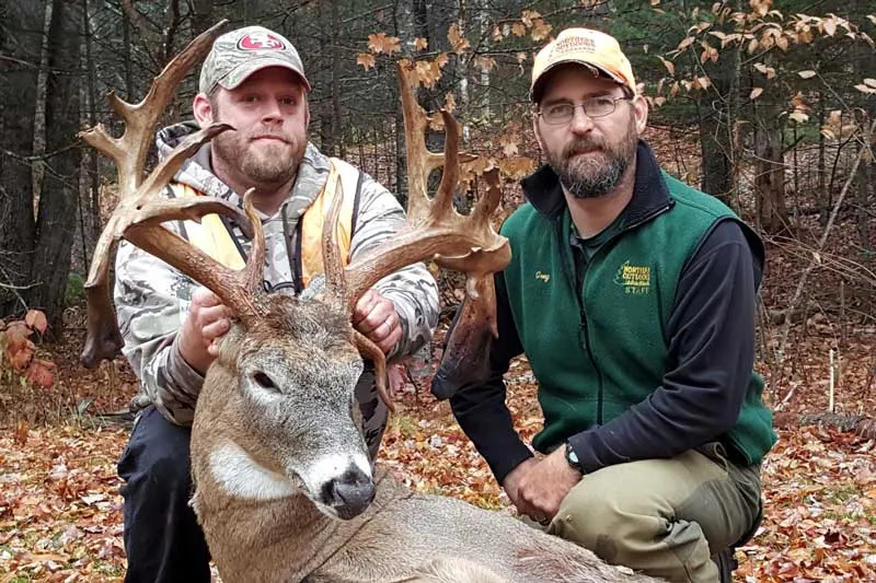 Jeff Simmons 2016 whitetail buck rack of the year and Maine hunting guide Greg Caruso.